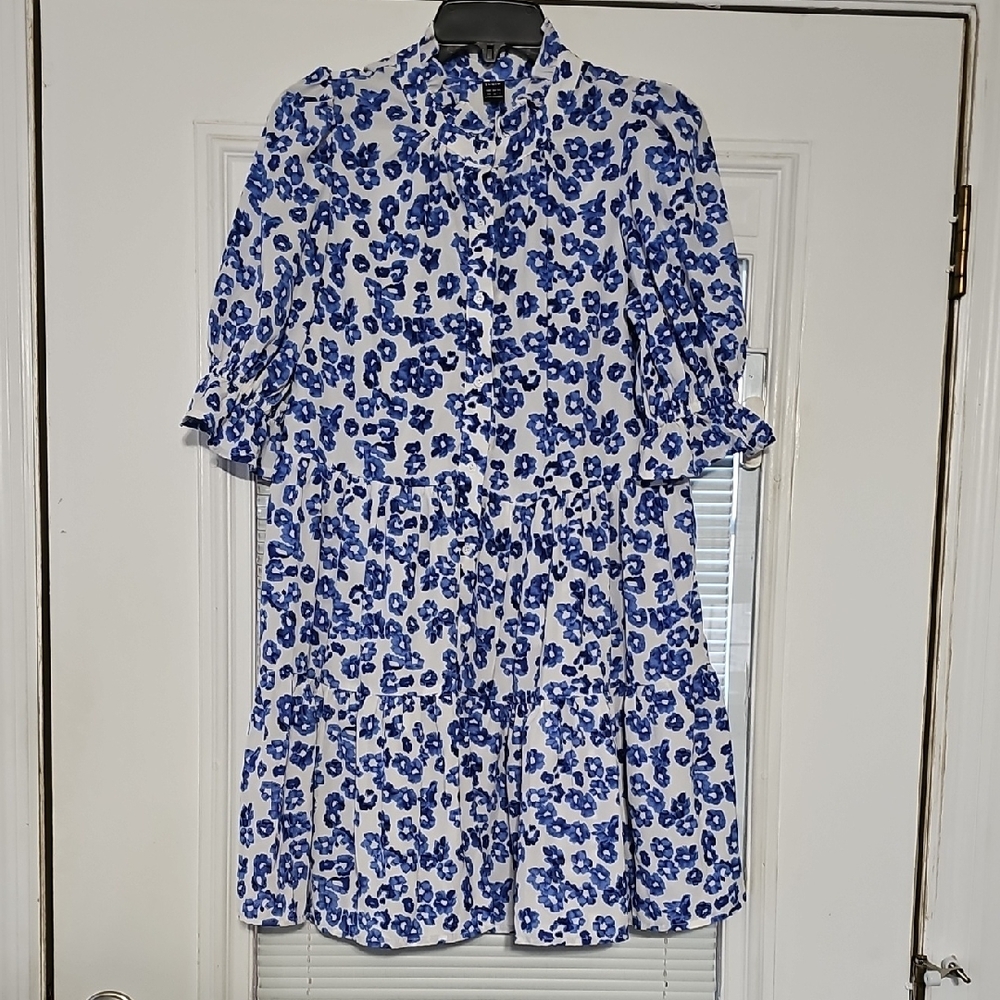 SHEIN White & Blue Floral Tiered Button-Up Dress